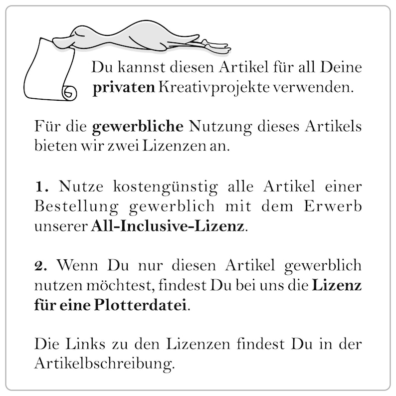 Pode incluir: Ilustra&ccedil;&atilde;o em preto e branco de um pato segurando um rolo com o texto: "Voc&ecirc; pode usar este artigo para todos os seus projetos criativos privados. Para o uso comercial deste artigo, oferecemos duas licen&ccedil;as. 1. Utilize todos os artigos de um pedido comercialmente a baixo custo com a compra da nossa licen&ccedil;a All-Inclusive. 2. Se voc&ecirc; deseja usar este artigo apenas comercialmente, pode encontrar a licen&ccedil;a para um arquivo de plotter conosco. Os links para as licen&ccedil;as podem ser encontrados na descri&ccedil;&atilde;o do artigo."