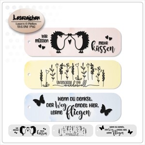 May include: Three rectangular bookmarks with watercolor backgrounds. The top bookmark has a pink background with two hedgehogs kissing. The middle bookmark has a yellow background with floral designs. The bottom bookmark has a blue background with butterflies. Text on the bookmarks includes "Wir müssen mehr küssen", "Unterschiede sind wundervoll", and "Wenn Du denkst, der Weg endet hier, lerne fliegen".