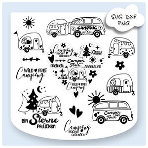 Conjunto de caravana "Campamento Corazón" – Archivo de trazador SVG DXF PNG | Acampar te hace feliz, salvaje y libre, recogiendo estrellas – Refranes y caravanas retro