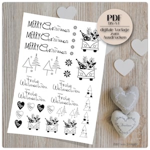 May include: Black and white Christmas-themed digital print with text reading "MERRY Christmas" and "Frohe Weihnachten". Includes illustrations of Christmas trees, snowflakes, hearts, and a van carrying gifts.