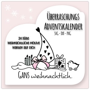 Könnte beinhalten: Eine skurrile Weihnachtsillustration mit einer Cartoon-Gans, die einen Partyhut trägt und von Geschenken und Kerzen umgeben ist. Der Text enthält "ÜBERRASCHUNGS ADVENTSKALENDER" und "GANS weihnachtlich". Das Design ist in Schwarz-Weiß mit rosa Akzenten.
