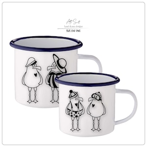 May include: Two white enamel mugs with blue rims. The mugs feature black line drawings of seagulls wearing hats and sunglasses. The text "SVG DXF PNG" is printed on the top mug.
