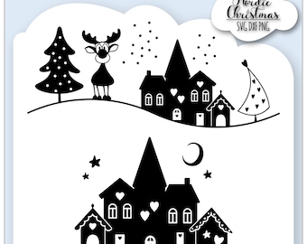 Plotter file Christmas house vector graphic laser file svg file Christmas row of houses cottage winter scene svg file
