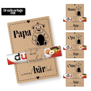 Könnte beinhalten: Geschenkkarten aus Kraftpapier mit einer Bärenillustration und den Worten "Papa", "Mama", "Opa" und "Oma". Jede Karte hat einen Schokoriegel mit den Worten "du bist einfach unent bärlich". Die Karte oben links hat den Text "Druckvorlage PDF".