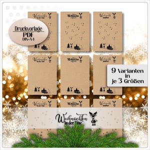 May include: A selection of Christmas-themed cards and tags made from kraft paper. The cards feature black illustrations of houses, trees, and reindeer, with German text. The image also includes the text "Druckvorlage PDF DIN-A4" and "9 Varianten in je 3 Größen."
