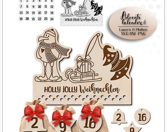 May include: Wooden Christmas advent calendar with a snowman, gifts, and a Christmas tree design. Includes small burlap bags with red bows and numbered wooden tags. The text "HOLLY JOLLY Weihnachten" is visible.