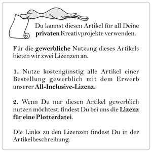 May include: Black and white illustration of a duck holding a scroll with text that reads: "You can use this article for all your private creative projects. For commercial use of this article, we offer two licenses. 1. Use all articles of an order commercially at a low cost with the purchase of our All-Inclusive License. 2. If you only want to use this article commercially, you can find the license for a plotter file with us. The links to the licenses can be found in the article description."