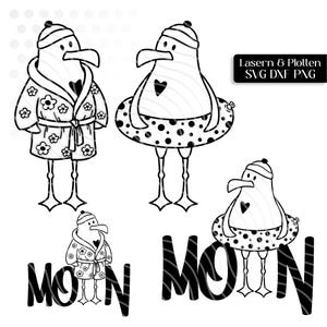 Puede incluir: Dibujos lineales en blanco y negro de gaviotas de dibujos animados. Una lleva una bata con detalles florales, otra tiene un flotador de lunares y una tercera tiene un corazón en el pecho. La palabra "MOIN" está debajo. El texto de la imagen dice "Lasern & Plotten SVG DXF PNG".
