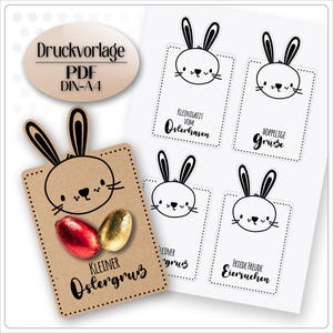 May include: Printable Easter bunny gift tags with different greetings. The tags feature a black and white bunny illustration and the text "KLEINIGKEIT VOM Osterhasen", "HOPPELIGE Gruße", "EINER KLEINER Ostergruß", and "FRIEDE FREUDE Eiersuchen".
