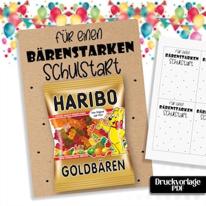 Może przedstawiać: Brązowa kartka z napisem "für einen BÄRENSTARKEN SCHULSTART" oraz przymocowaną torebką żelków Haribo Goldbären. Obok znajduje się biała kartka papieru z czterema prostokątnymi sekcjami zawierającymi ten sam tekst i kropki.