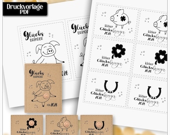 Printbare sjabloon voor geluksamuletten voor het carnaval: geluksvarkentjes, hoefijzers, klavertjes voor geluksmuntjes of sterretjes - Geluksamuletten als souvenir