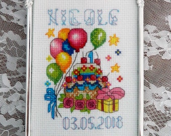 Finished framed Personalized Cross Stitch "Happy Birthday"