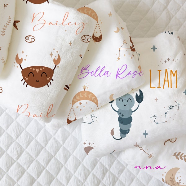 Zodiac sign personalized name baby Minky Blanket, swaddle for newborns, gift for new moms and babyshower gift for horoscope birthday.
