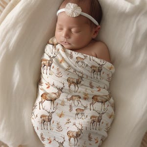 Deer buck hunting fall custom personalized baby blanket, nursery bedding, swaddle hat set, gift for new moms or baby shower