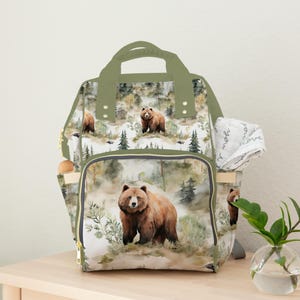 Bear forest mountains baby diaper bag, custom monogram diaper bag, baby bag for baby shower gift, Multifunctional Diaper Backpack