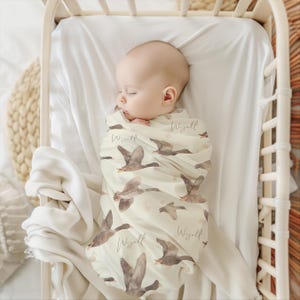 Neutral Mallard duck hunting fall bird custom personalized baby blanket, nursery bedding, swaddle hat set, gift for new moms or baby shower