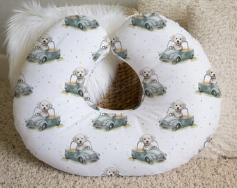 Puppy dog driving old fashion car boppy nursing pillow cover for mothers, babies nursery room