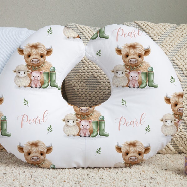 Farm animals highland cow nursery themed baby boppy cover, Nursing Pillow Cover, Breastfeeding Pillow Cover, Nursing Cover