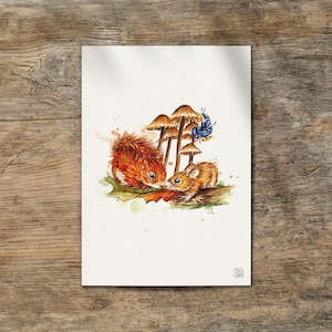 A4 Pintura de acuarela original ardilla y ratón Sciurus vulgaris sin impresión dibujo de cuento de hadas para niños acuarela pintada a mano de Sandra Mahn