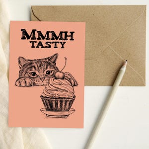 Téléchargement XXL • Savoureux • drôle de chaton mignon poster carte postale Sandra Mahn dessin à la plume peinture vétérinaire art vétérinaire cuisine gâteau muffin