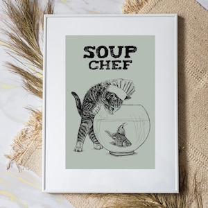 Téléchargement XXL • Chef de soupe • cuisinier drôle mignon bon chat chaton poster Sandra Mahn dessinant une cuisine vétérinaire art vétérinaire funky poisson rouge aquarium