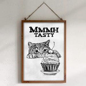Téléchargement XXL • Savoureux • drôle de chaton mignon poster carte postale Sandra Mahn dessin à la plume peinture vétérinaire art vétérinaire cuisine gâteau muffin
