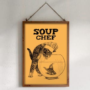 Téléchargement XXL • Chef de soupe • cuisinier drôle mignon bon chat chaton poster Sandra Mahn dessinant une cuisine vétérinaire art vétérinaire funky poisson rouge aquarium