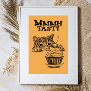 Téléchargement XXL • Savoureux • drôle de chaton mignon poster carte postale Sandra Mahn dessin à la plume peinture vétérinaire art vétérinaire cuisine gâteau muffin