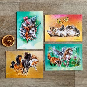 Aquarelles A6 avec 4 motifs animaliers • licorne renard cheval chat papillon • lot imprimé Conte de fées aquarelle de Sandra Mahn