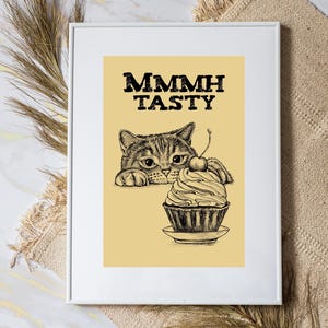 Téléchargement XXL • Savoureux • drôle de chaton mignon poster carte postale Sandra Mahn dessin à la plume peinture vétérinaire art vétérinaire cuisine gâteau muffin