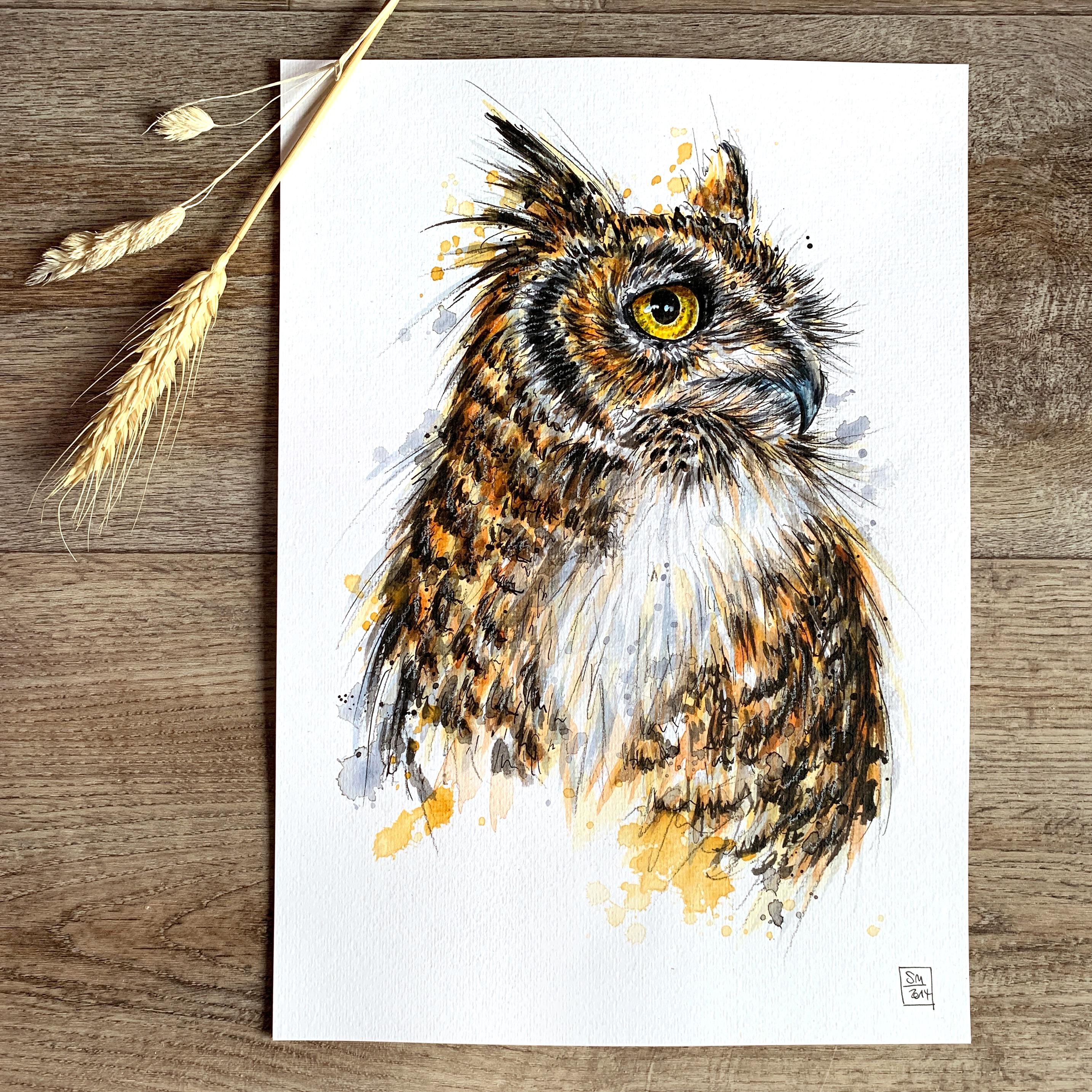 A4 Original watercolor painting great horned owl Bubo virginianus no print handmade portrait drawing