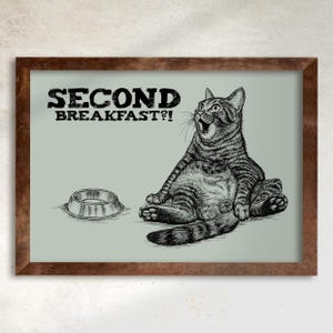 Téléchargement XXL • Second Breakfast • poster carte postale drôle de chat endormi Sandra Mahn dessin peinture art vétérinaire vétérinaire funky brunch manger