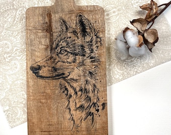 wooden slice board with handmade drawing wolf Canis lupus • no print real unique hand-painted sketch portrait illustration by Sandra Mahn