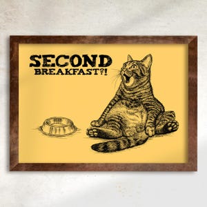 Téléchargement XXL • Second Breakfast • poster carte postale drôle de chat endormi Sandra Mahn dessin peinture art vétérinaire vétérinaire funky brunch manger