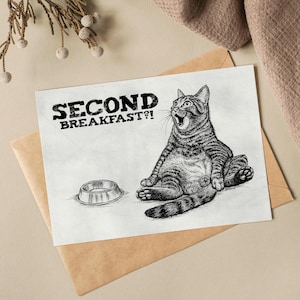 Téléchargement XXL • Second Breakfast • poster carte postale drôle de chat endormi Sandra Mahn dessin peinture art vétérinaire vétérinaire funky brunch manger