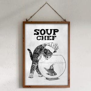 Téléchargement XXL • Chef de soupe • cuisinier drôle mignon bon chat chaton poster Sandra Mahn dessinant une cuisine vétérinaire art vétérinaire funky poisson rouge aquarium