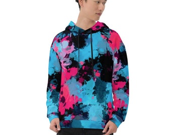 Felpa con cappuccio pullover leggera con schizzi di vernice rosa e blu