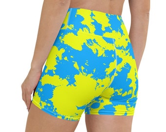 Yellow and Blue Paint Splatter Rave Ready Yoga Shorts w/ Inside Pocket