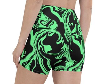 Slime in the Dark Green and Black Oil Spill Rave Ready Yoga Shorts w/ Inside Pocket