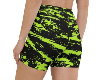 Black Lime Bolt Glitch Rave Ready Yoga Shorts w/ Inside Pocket