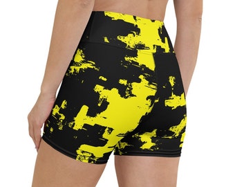 Yellow and Black Abstract Splatter Rave Ready Yoga Shorts w/ Inside Pocket