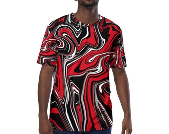 May include: A black, red, and white abstract swirl pattern t-shirt. The shirt has a crew neck and short sleeves.
