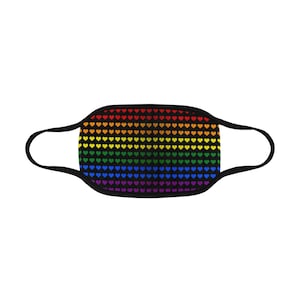 May include: Black face mask with a rainbow pattern of small hearts.