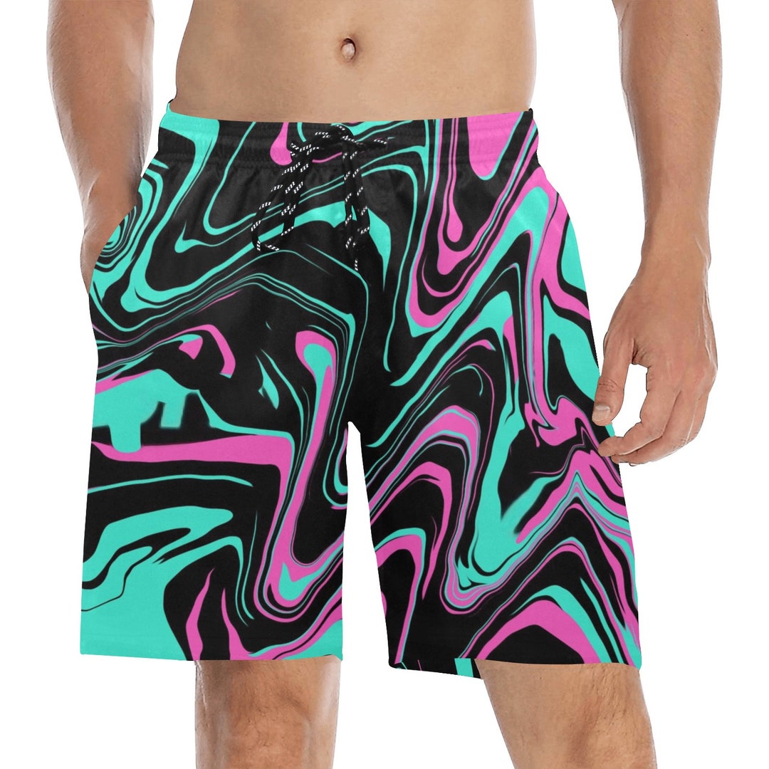 Teal and Pink Psychedelic Melt Men's Mid-length Swim Shorts UV ...