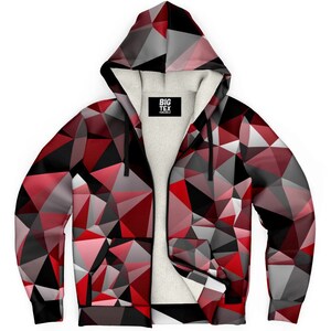 Red and Black Geo Print Microfiber Sherpa Lined Zip-Up Hoodie | BigTexFunkadelic