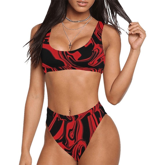 Red and Black Slime Oil Spill Sport Top & High-waisted Bikini