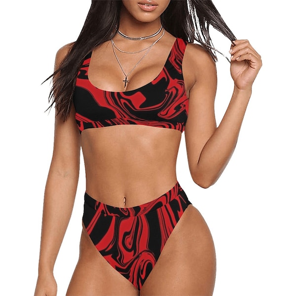 Red and Black Slime Oil Spill Sport Top & High-Waisted Bikini Swimsuit / Rave Set