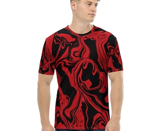 May include: A short-sleeved t-shirt featuring a swirling pattern of red and black. The design has an abstract, marbled appearance, covering the entire shirt. The shirt is made of a lightweight material.