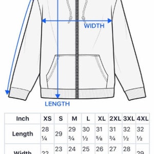 May include: A size chart for a hooded sweatshirt with measurements in inches for length, width, and sleeve length. Sizes range from XS to 4XL.