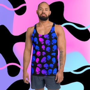 Camiseta sin mangas unisex con efecto degradado alienígena rosa y azul